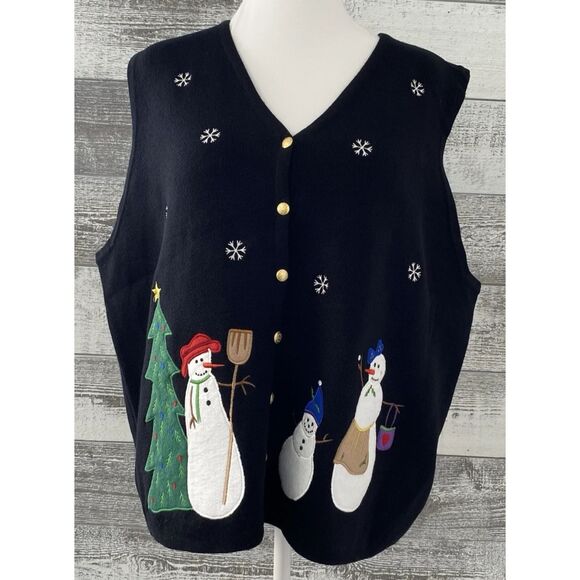 Croft & Barrow Women's Vest Snowmen Christmas Tree Brass Buttons Size 2XL - Picture 1 of 10